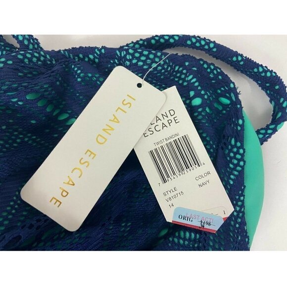 Island Escape Women's Swimsuit Top Size 14 Twist Bandini Crochet Navy Aqua NWT - Picture 8 of 9